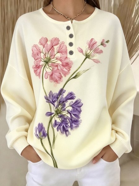 Women Floral Henley Collar Casual Spring/Fall Long Sleeve Sweatshirt