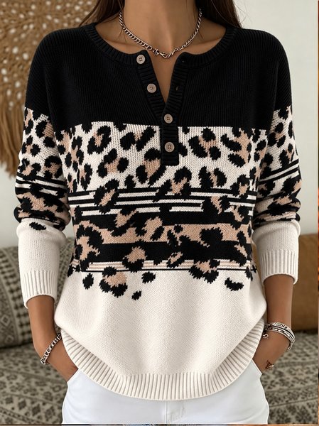 Vintage Striped Henley Collar Long Sleeve T-shirt