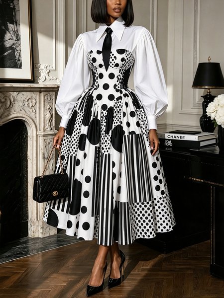 Urban Polka Dot Geometric Puff Sleeve Tie Long Sleeve Midi Shirt Dress
