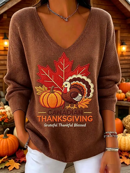 Casual Maple Leaf V Neck Long Sleeve T-shirt