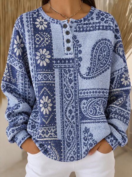Women Geometric Henley Collar Vintage Spring/Fall Long Sleeve Sweatshirt