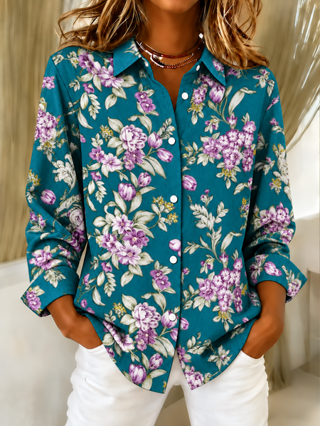 Women Floral Pattern Vintage Shirt Shirt Collar Long Sleeve Top