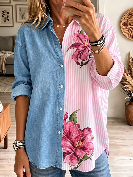 Women Striped Shirt Collar Long Sleeve Shirt Buckle Regular Sleeve Casual Daily Spring/Fall Top