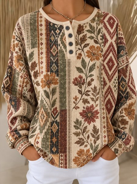 Women Geometric Henley Collar Vintage Spring/Fall Long Sleeve Sweatshirt