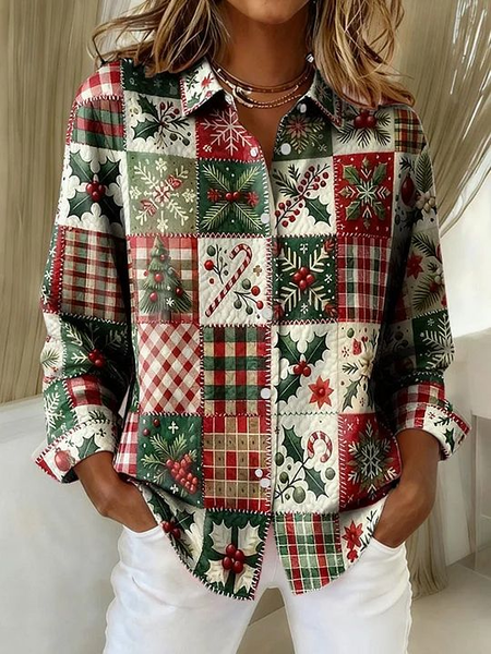 Women Christmas Shirt Collar Long Sleeve Shirt Buckle Regular Sleeve Casual Daily Spring/Fall Top
