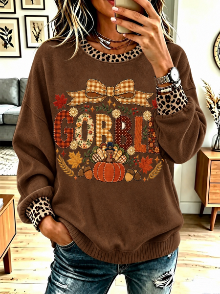 Women Leopard Crew Neck Printing Casual Spring/Fall Long Sleeve Sweatshirt