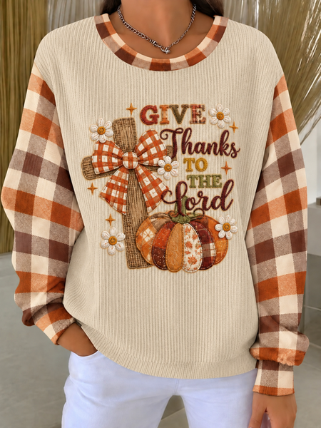 Women Plaid Crew Neck Printing Casual Spring/Fall Long Sleeve Sweatshirt