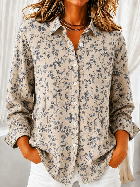 Women Floral Shirt Collar Long Sleeve Shirt Buckle Regular Sleeve Casual Daily Spring/Fall Top