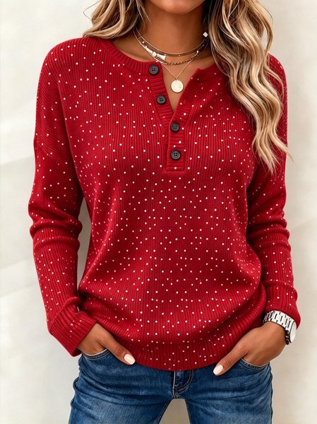Casual Polka Dots Henley Collar Long Sleeve T-shirt