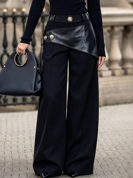 Urban Solid Leather Waist Overlay Button Trim Wide Leg Loose Pants