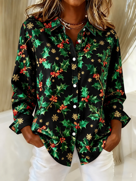Women Christmas Shirt Collar Long Sleeve Shirt Vintage Daily Spring/Fall Top