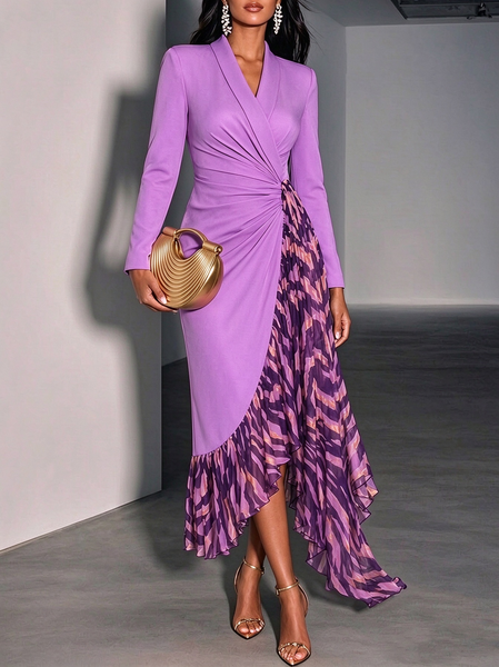 Elegant Geometric Peplum Shawl Collar Maxi Dress