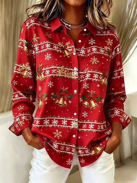 Women Christmas Shirt Collar Long Sleeve Shirt Vintage Daily Spring/Fall Top