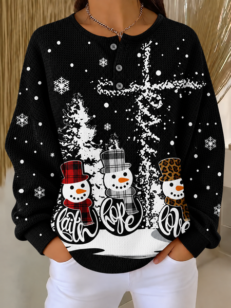 Casual Christmas Snowman Henley Collar Long Sleeve Sweatshirt