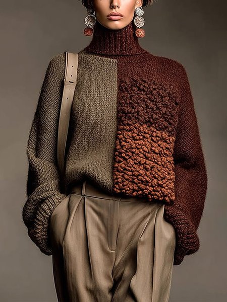 Casual Colorblock Turtleneck Sweater