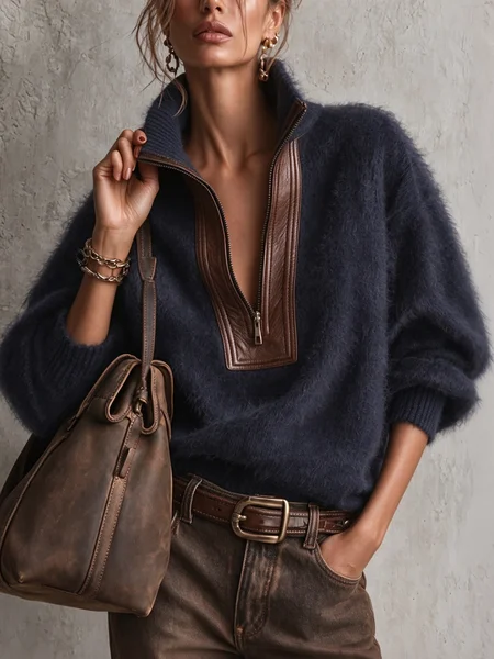 Casual Color Block Split Joint Stand Collar Sweater