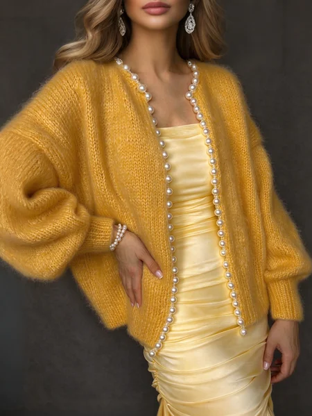 Elegant Plain Pearl Crew Neck Sweater Cardigan