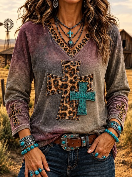 Vintage Leopard Crew Neck Long Sleeve T-shirt