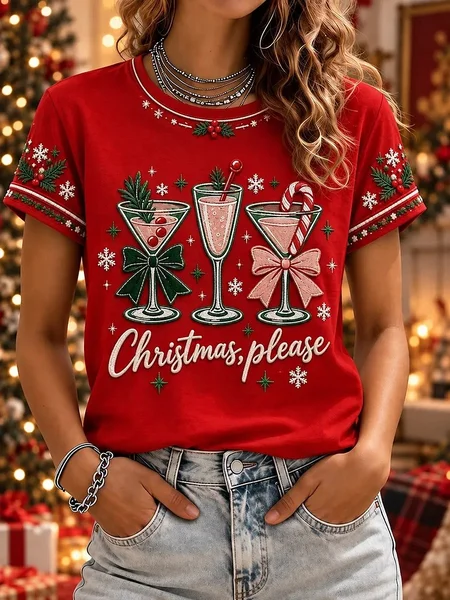 Casual Christmas Crew Neck Short Sleeve T-shirt