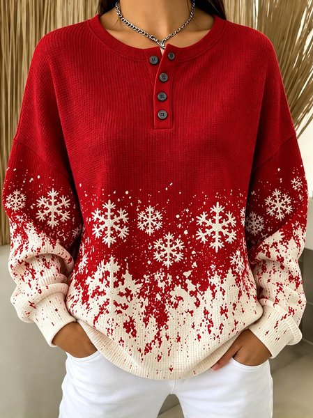 Casual Christmas Henley Collar Long Sleeve Sweatshirt