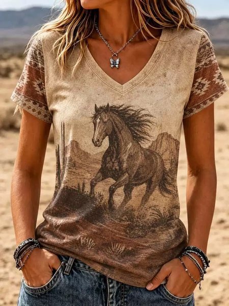 Vintage Ethnic Geometry V Neck Short Sleeve T-shirt