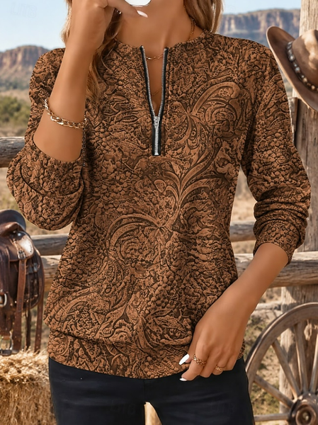 Women Abstract Half Open Collar Printing Vintage Spring/Fall Long Sleeve Sweatshirt