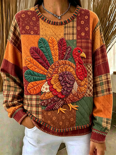 Women Turkey Crew Neck Printing Casual Spring/Fall Long Sleeve Sweatshirt