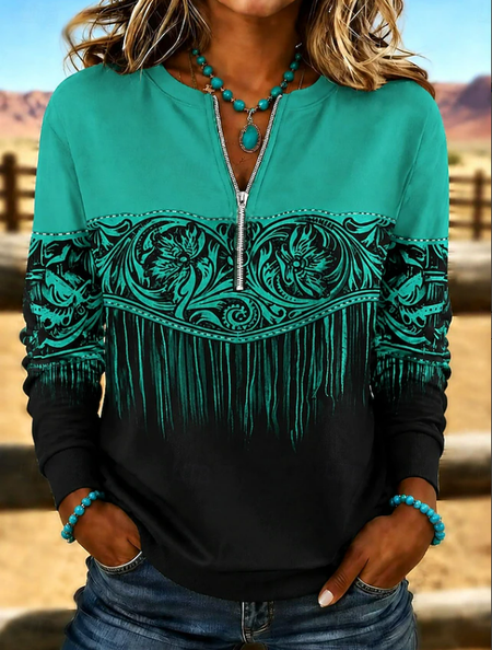 Vintage Abstract Half Open Collar Long Sleeve Sweatshirt
