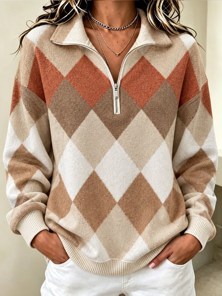 Casual Geometric Stand Collar Long Sleeve Sweatshirt