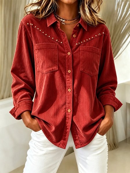 Women Striped Shirt Collar Long Sleeve Shirt Pocket Stitching Vintage Daily Spring/Fall Top