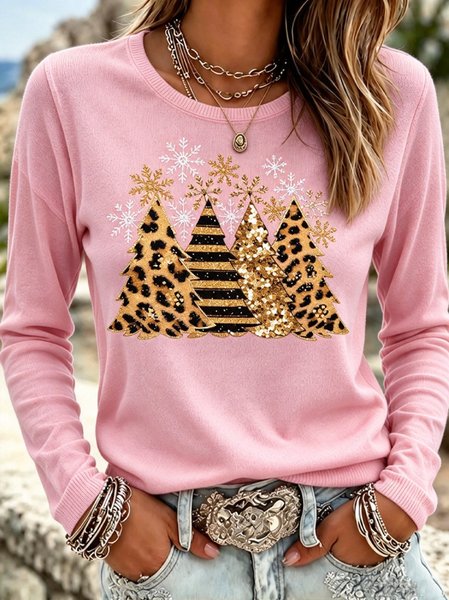 Casual Christmas Tree Crew Neck Long Sleeve T-shirt