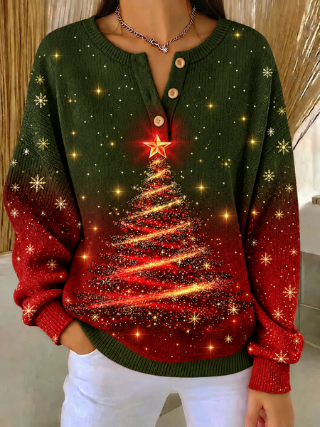 Casual Christmas Henley Collar Long Sleeve Sweatshirt