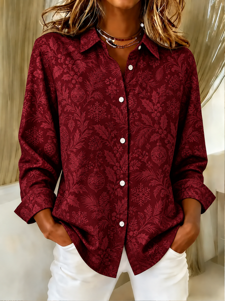 Women Christmas Shirt Collar Long Sleeve Shirt Vintage Holiday Spring/Fall Top