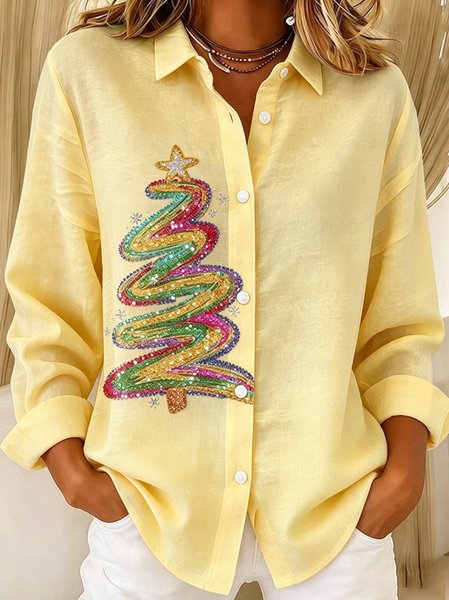 Women Christmas Shawl Collar Long Sleeve Shirt Vintage Daily Spring/Fall Top