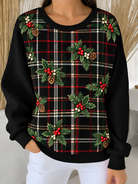 Casual Plaid Crew Neck Long Sleeve Sweatshirt