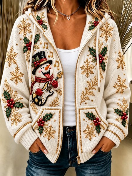 Women Spring/Fall Outerwear Casual Christmas Snowman Long Sleeve Hoodie Jacket