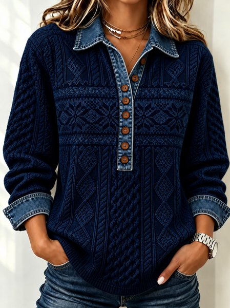 Women Geometric Shawl Collar Long Sleeve Shirt Casual Daily Spring/Fall Top