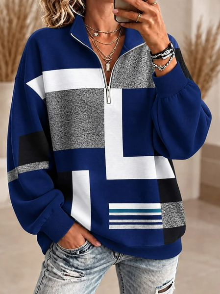 Women Abstract Shawl Collar Printing Casual Spring/Fall Long Sleeve Sweatshirt