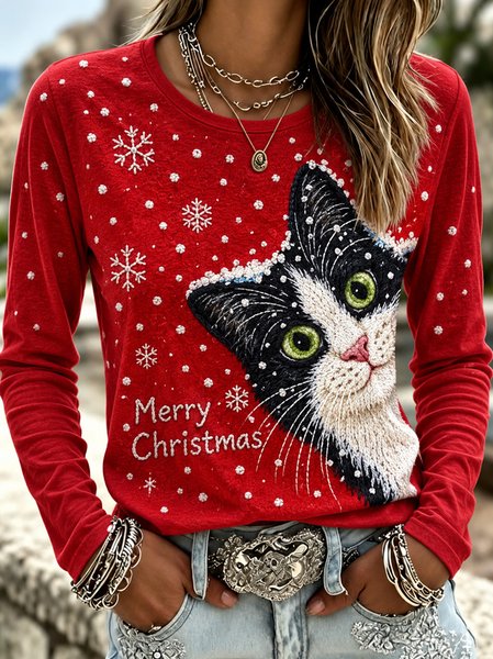 Casual Cat Crew Neck Long Sleeve T-shirt