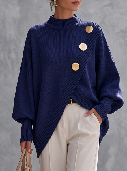 Wool/Knitting Casual Plain Metal Mock Neck Sweater