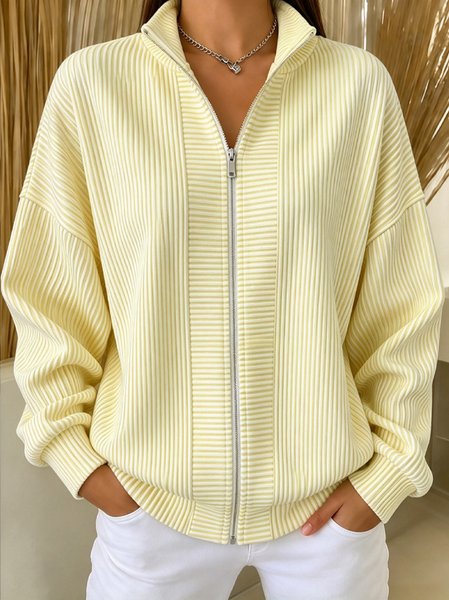 Women Spring/Fall Outerwear Casual Striped Long Sleeve Stand Collar Jacket