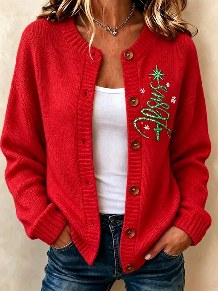 Women Christmas Long Sleeve Comfy Vintage Printing Cardigan