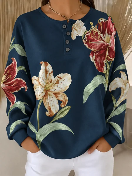 Casual Floral Henley Collar Long Sleeve Sweatshirt