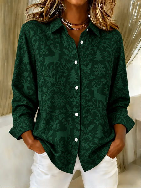 Women Christmas Shirt Collar Long Sleeve Shirt Printing Vintage Holiday Spring/Fall Top