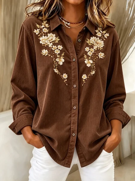 Women Floral Shirt Collar Long Sleeve Shirt Vintage Daily Spring/Fall Top