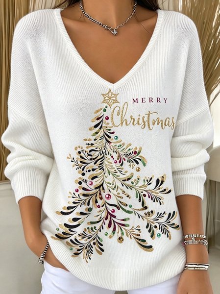 Vintage Christmas Tree V Neck Long Sleeve T-shirt