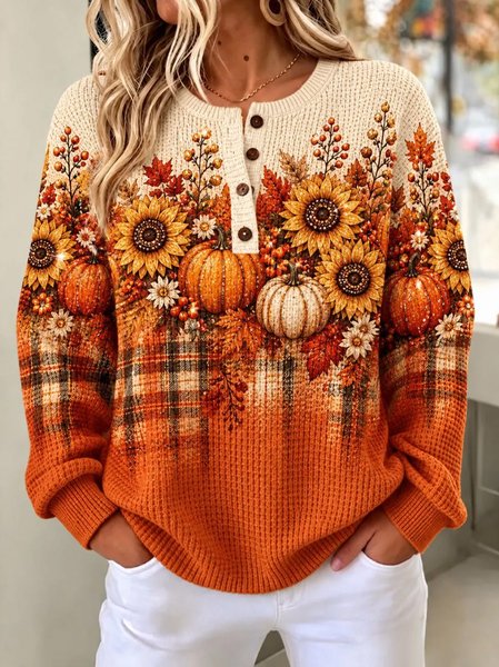 Casual Floral Henley Collar Long Sleeve Sweatshirt