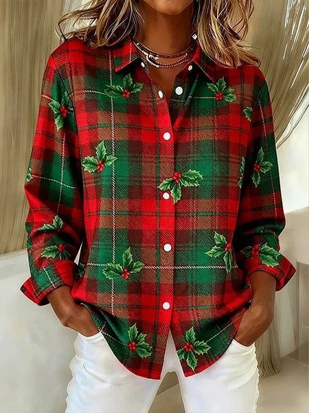 Women Plaid Shirt Collar Long Sleeve Shirt Buckle Regular Sleeve Casual Daily Spring/Fall Top