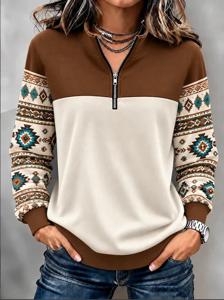 Casual Ethnic Geometry Half Open Collar Long Sleeve Sweatshirt