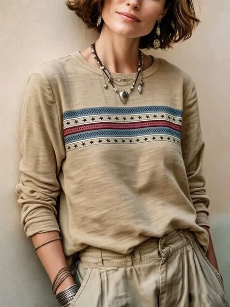 Casual Geometric Crew Neck Long Sleeve T-shirt